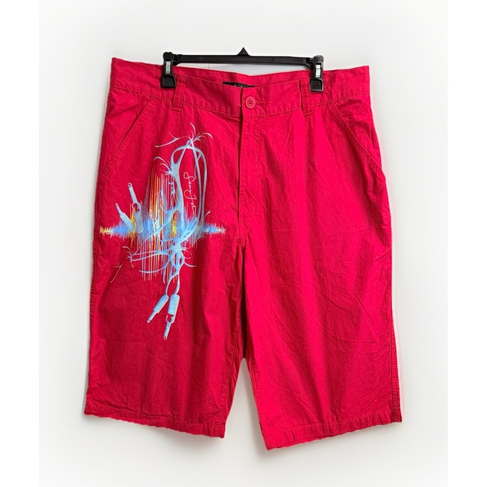 Sean John Classic Shorts Mens 36 Red Cotton Relaxed Y2K Wide Leg Printed‎ 15"